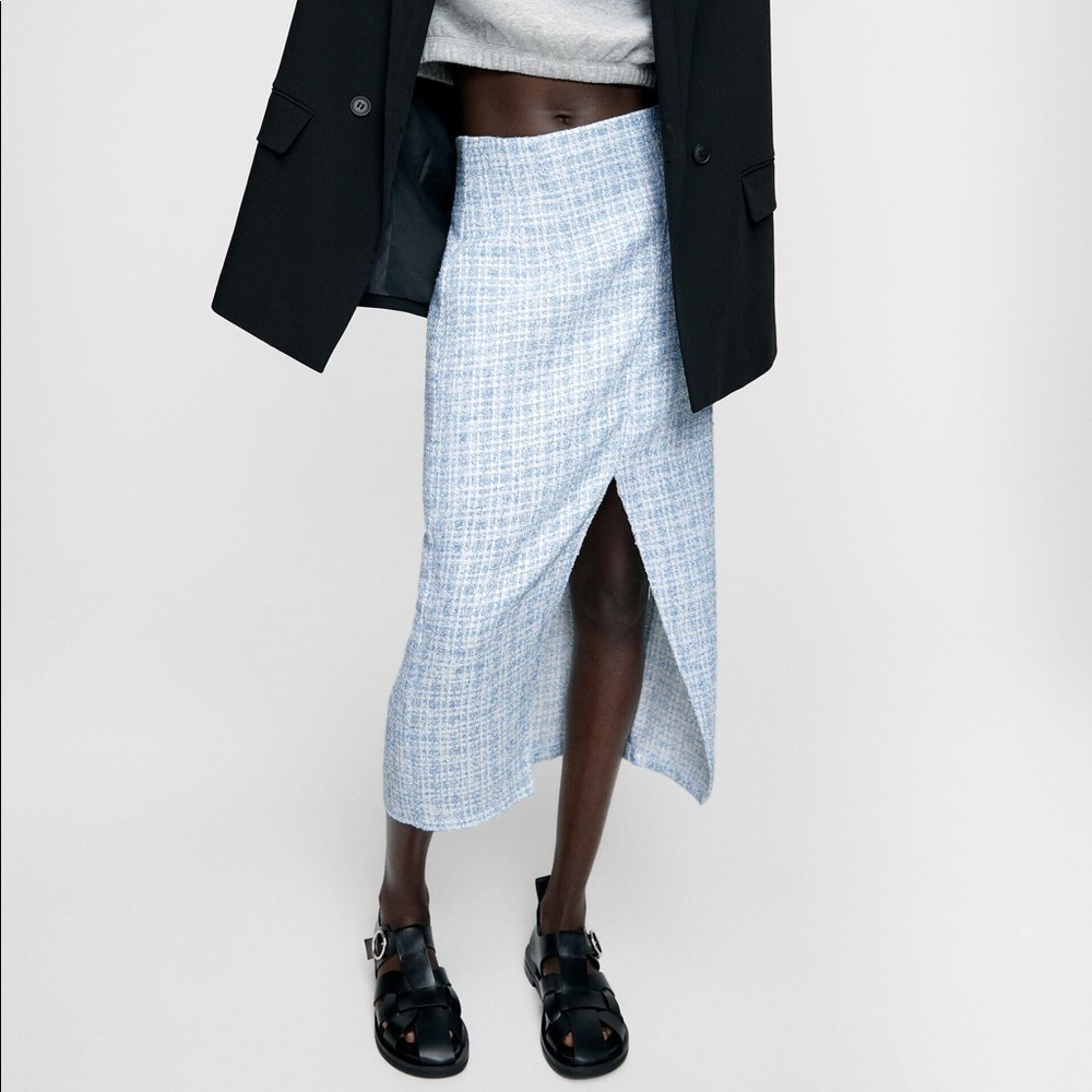 Zara CHECK MIDI Wrap-Style Skirt w/ Front Slit NEW